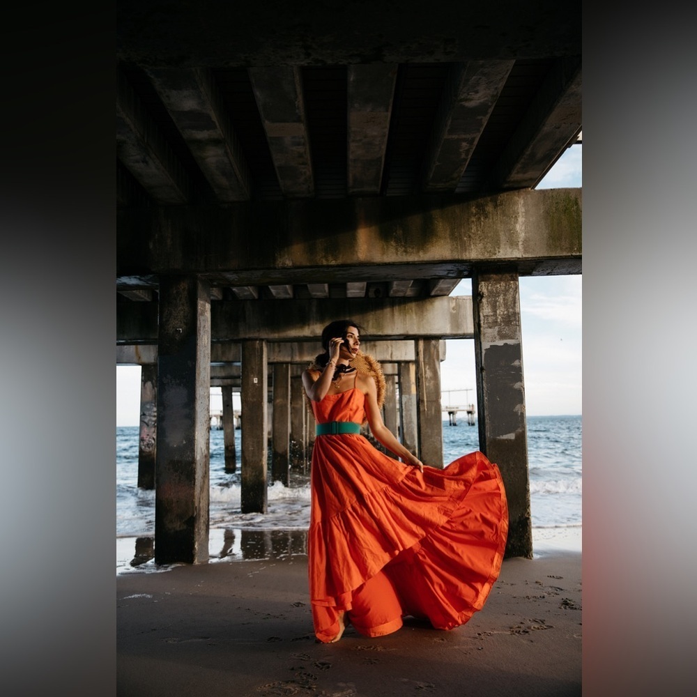 Mestiza New York Belted Orange Tiered Midi Dress, Size XS NWT - Picture 4 of 9